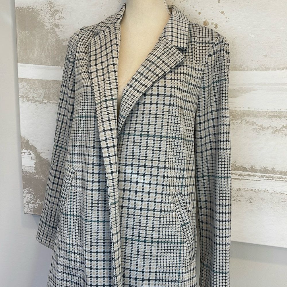 Melloday TRENCH COAT GREY BLUE PLAID SLASH POCKET OPEN FRONT - Picture 2 of 7